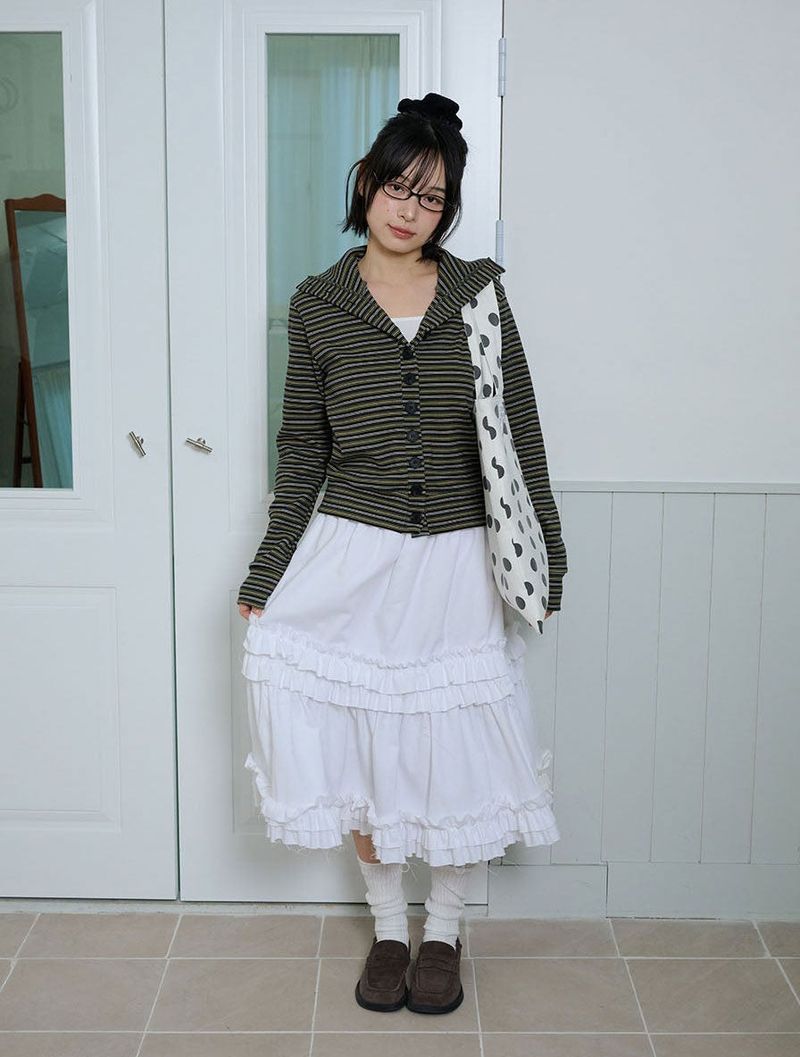 STRIPED HIGH NECK BUTTON CARDIGAN - OLIVE