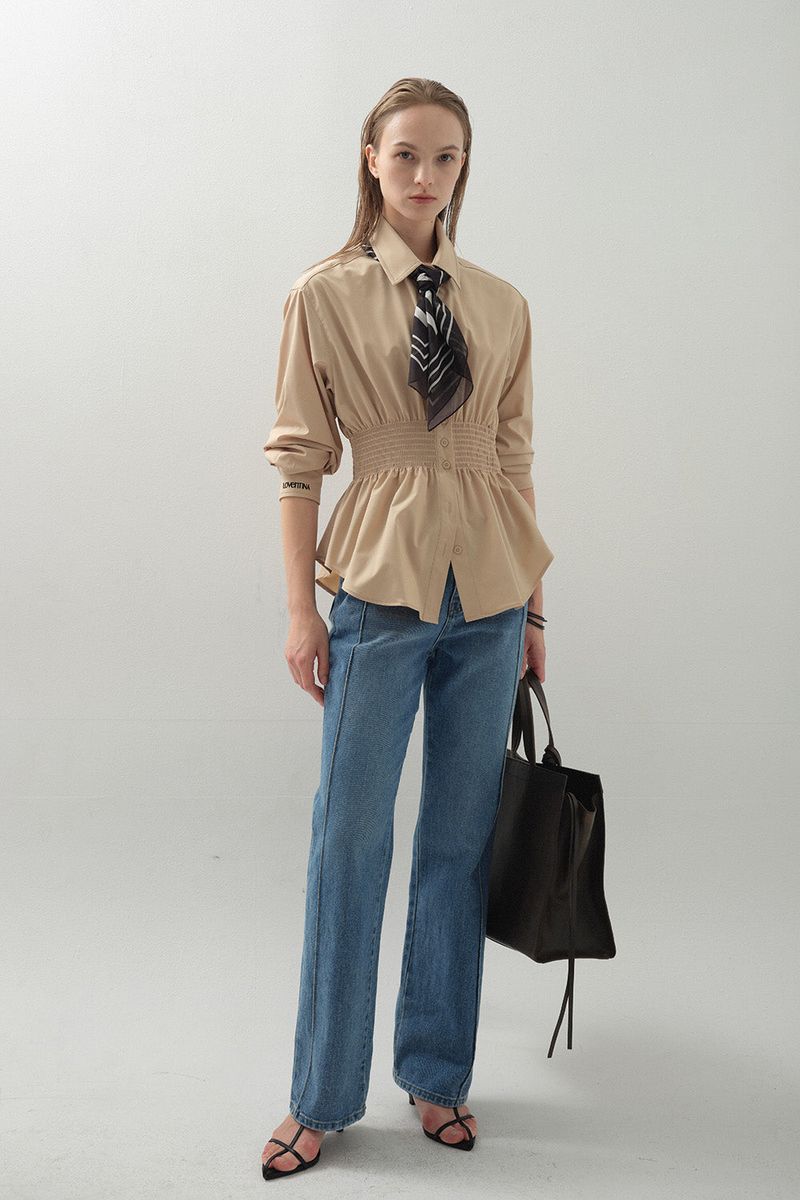 Curve Waist Stretch Shirt_Beige