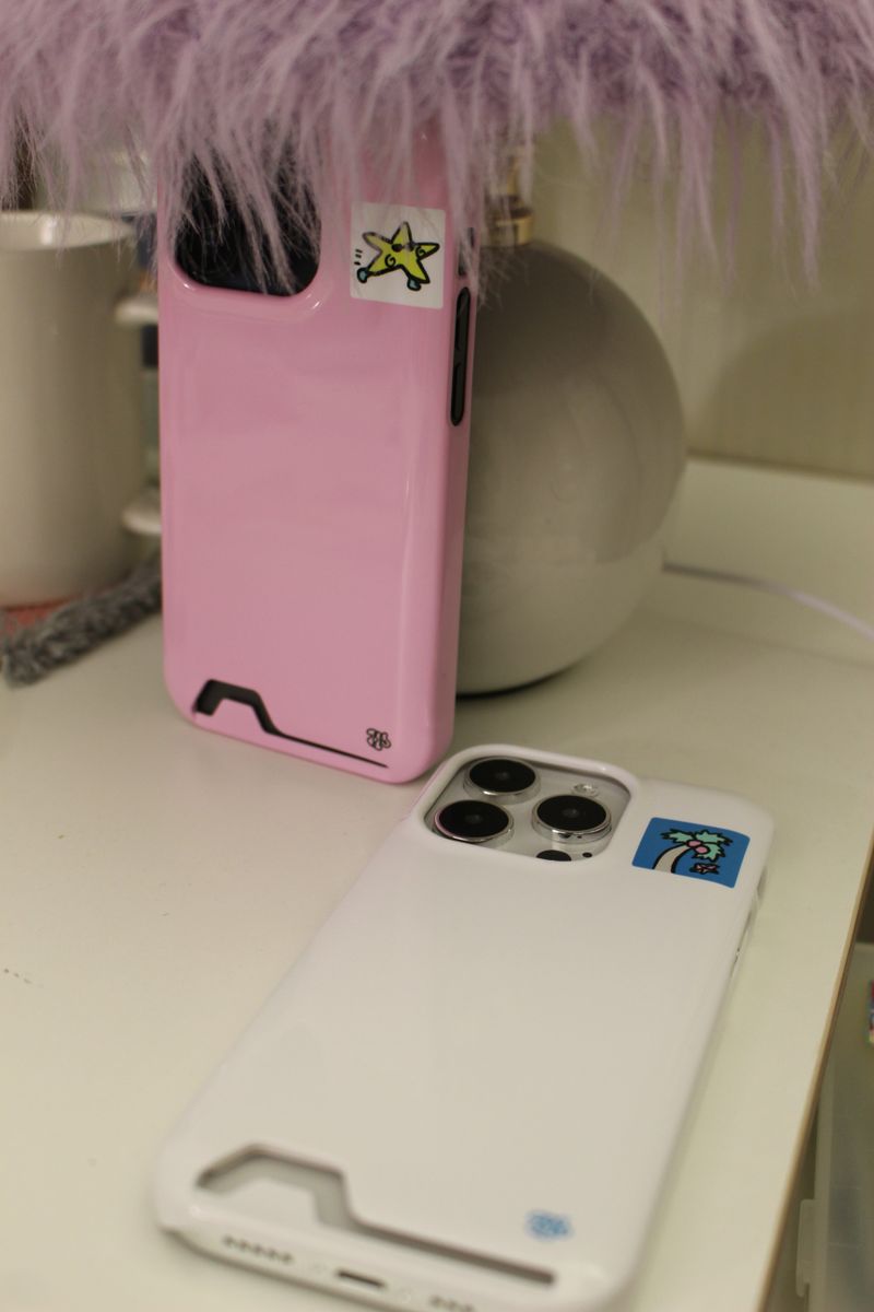 home square patch card pocket phone case pink