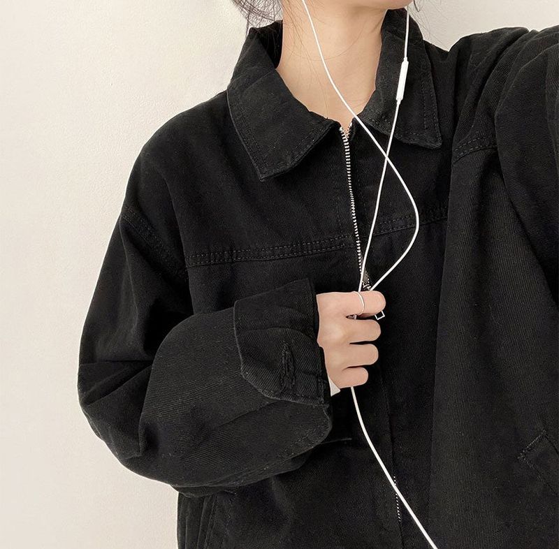 Rentto Basic Collar Zipper Loose Fit Cotton Jacket