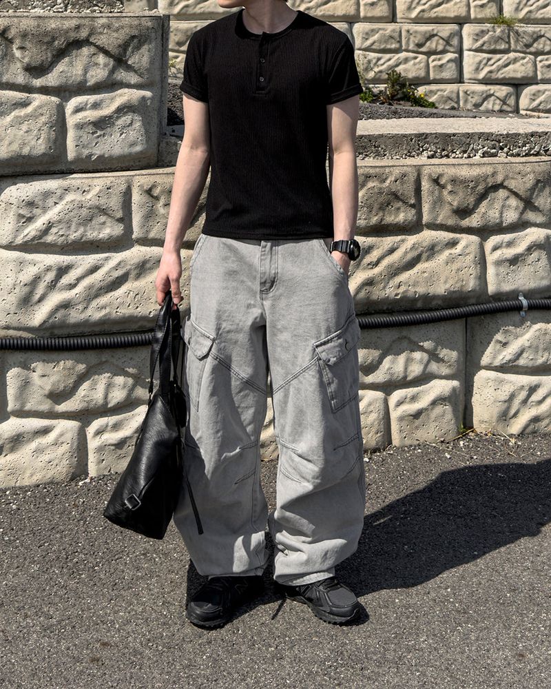 Bion Gray Wash Cargo Denim Pants