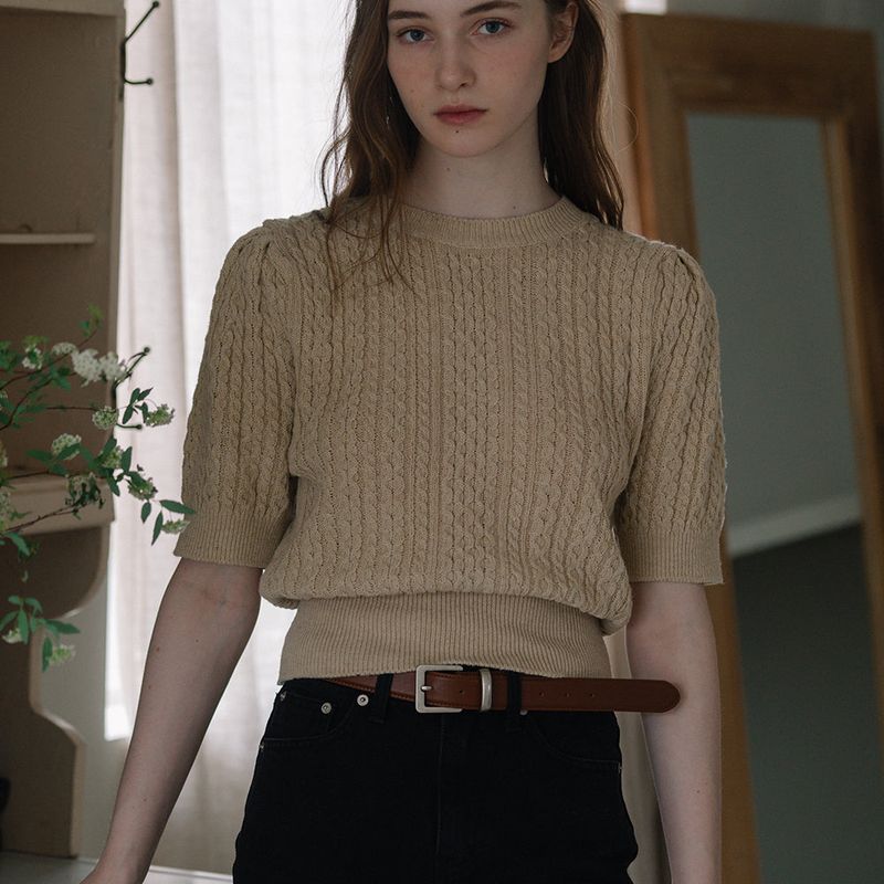 Cable Puff Sleeve Knit - Beige