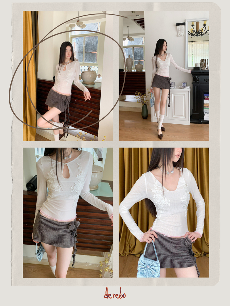embroidered white lace long-sleeved T-shirt