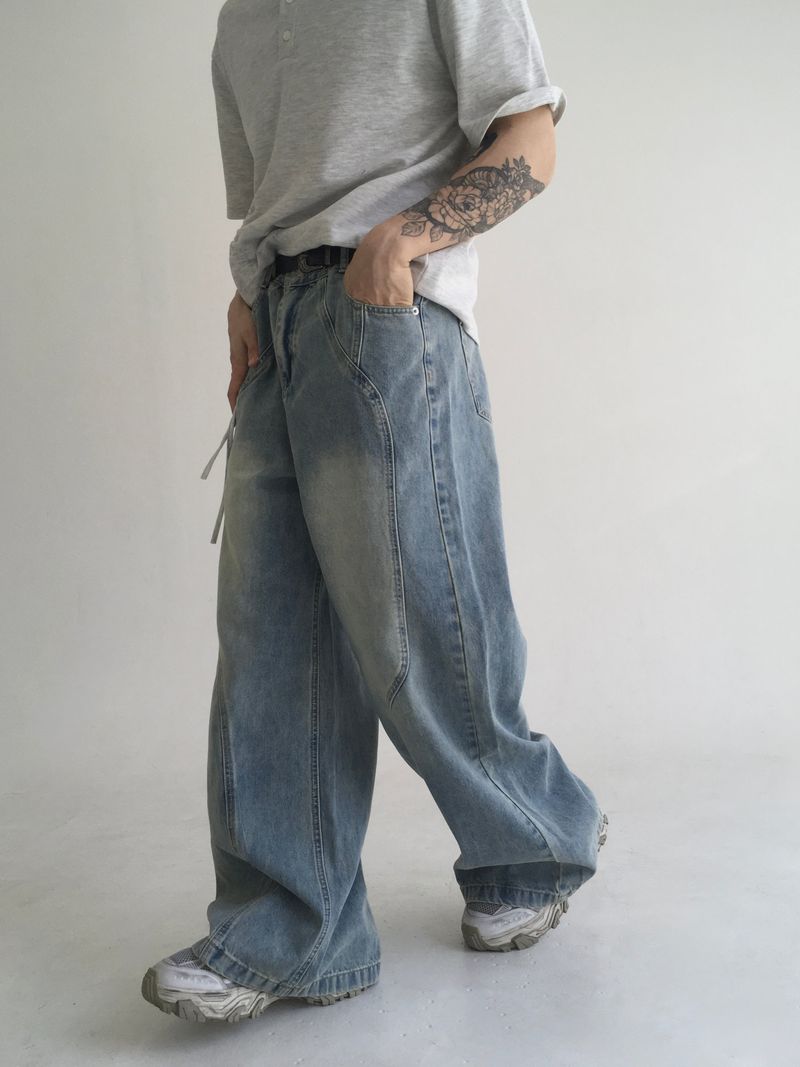 wave curved wide denim(blue)