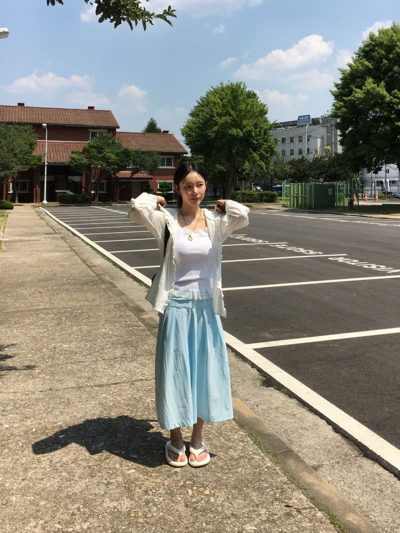 Button Minimal Pin-tuck Sagging Skirt (3c)