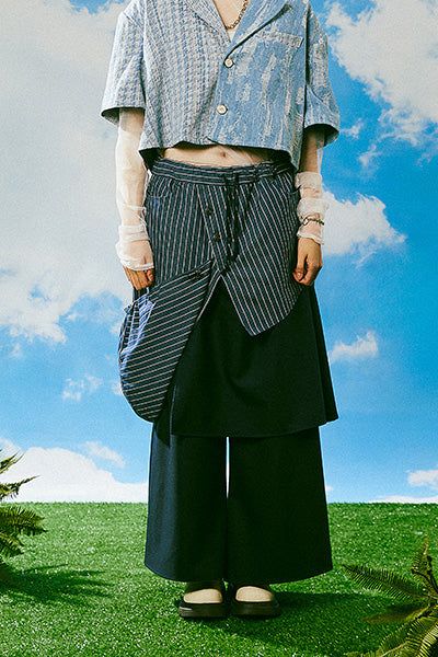 Reculer（ルキュレ）の「ストライプデニムフードディテールスカートパンツ　ネイビー（スカート）」