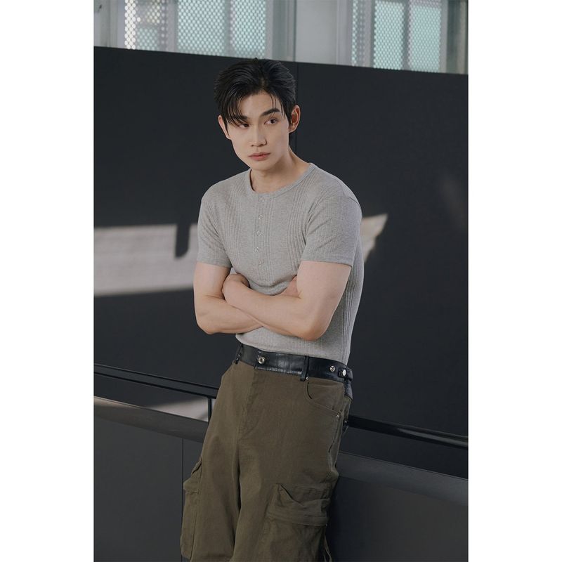 High ribbed henry neck half sleeves(Gray)