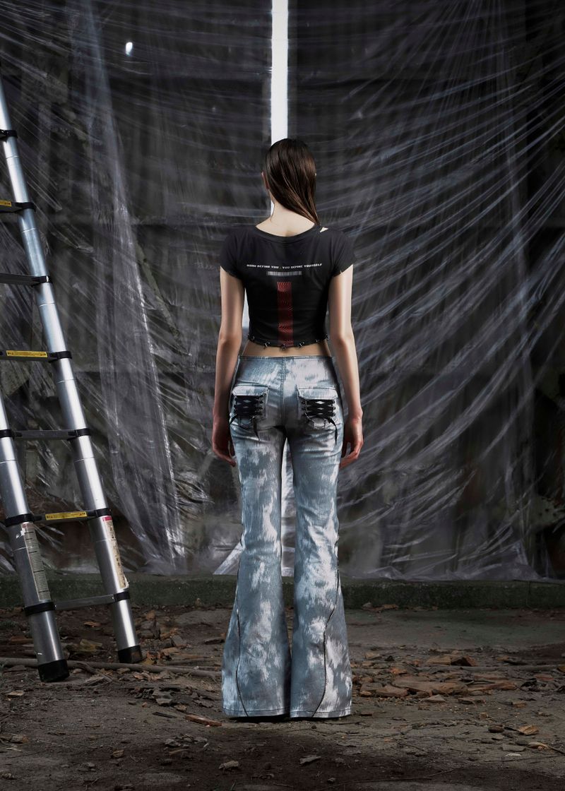 NONE Printed Lace Up Flared Jean