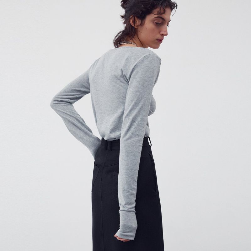 SHIRRING DRAPE LONG SLEEVE TOP MELANGE GRAY