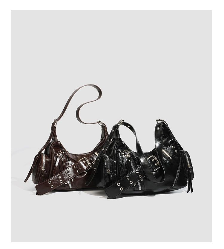 Studded Waxed Leather Motorcycle Shoulder Bag