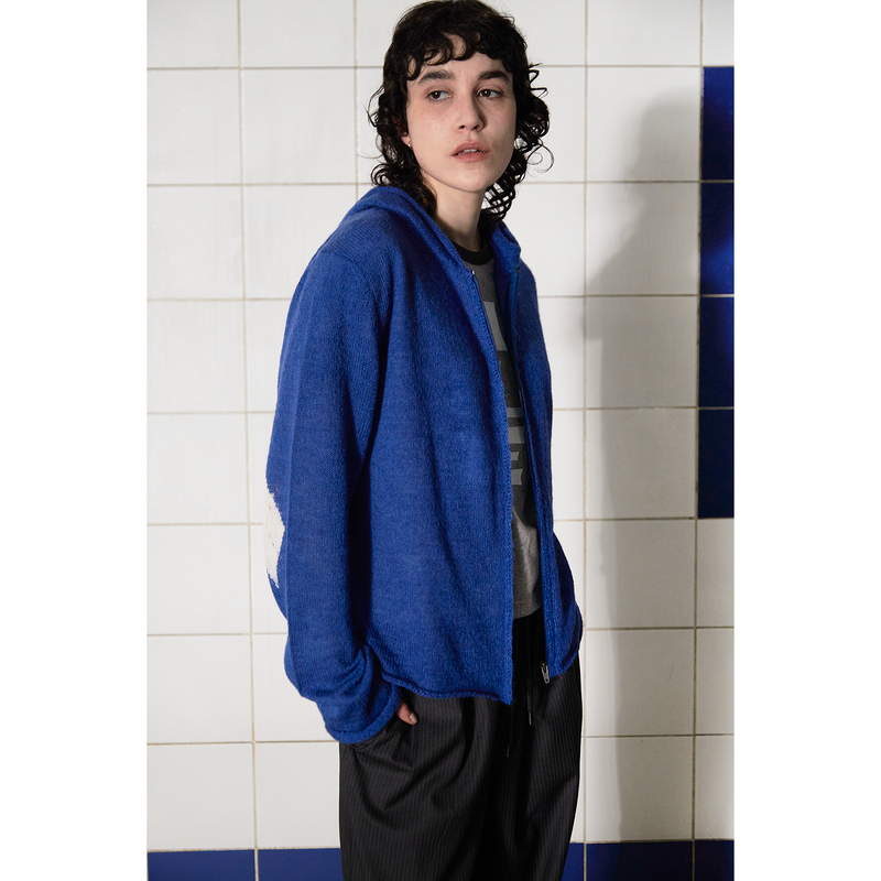 ARGYLE ELBOW KNIT ZIP-UP HOODIE / BLUE