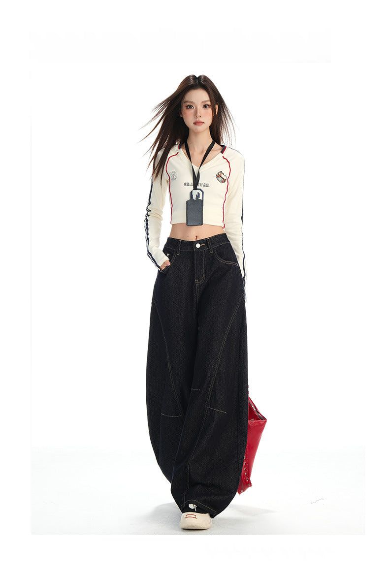 Navy-cut High-waist Mixed Denim Pants