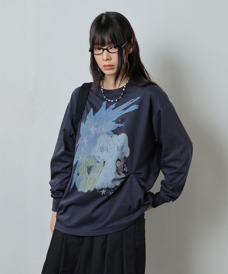 ODDSTUDIO（オッドスタジオ）の「Twin Puppy Graphic Pintuck Oversized Long Sleeve - CHARCOAL BLUE（Tops）」