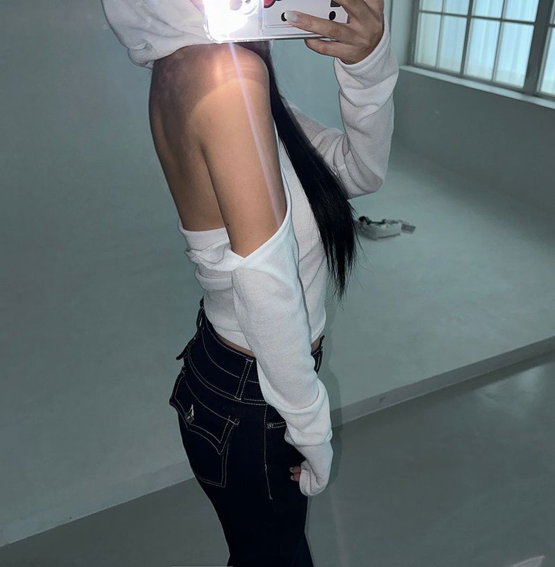Hooded Shoulder Slit Backless T-shirt