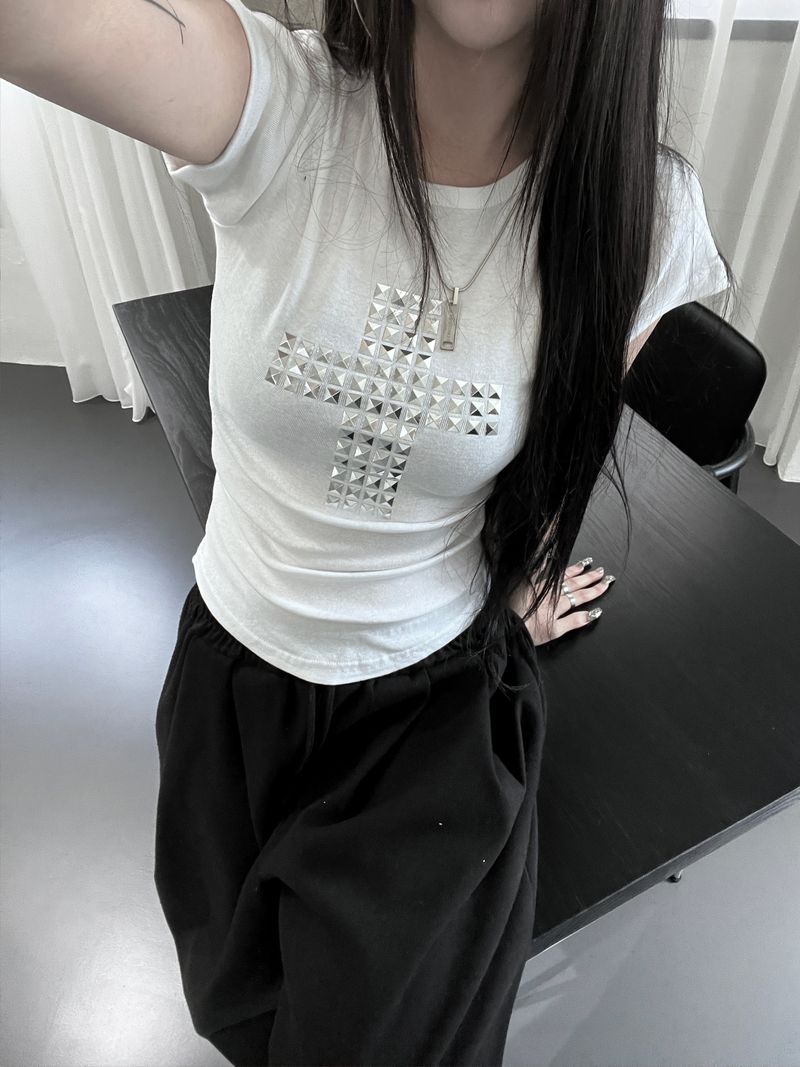 metallic cross stud short sleeve (3color)