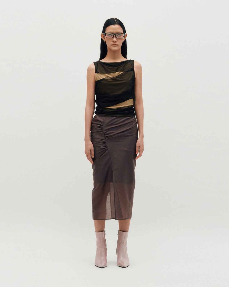 KIMZISU（キムジス）の「Sheer Shirring Slit Skirt _ BROWN（Skirts）」