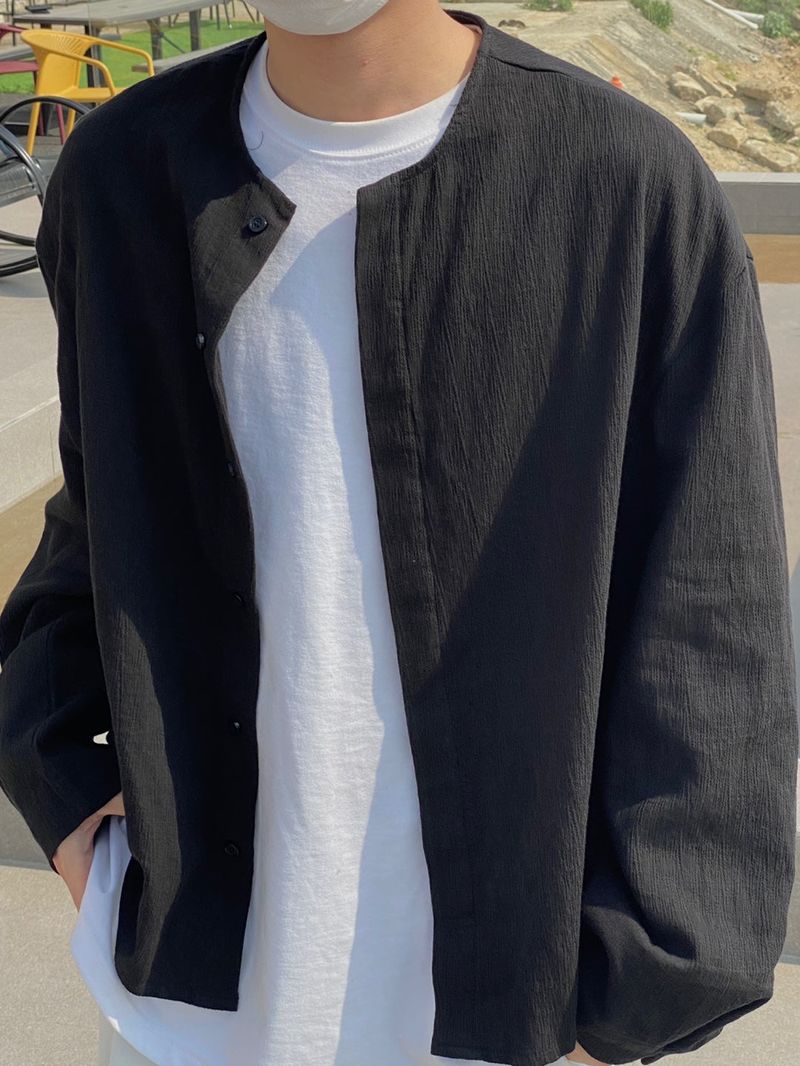 Hidden button linen wide set up-shirts 2C