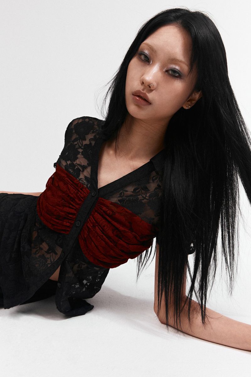 LACE SHIRRING SHIRT #BLACK&RED