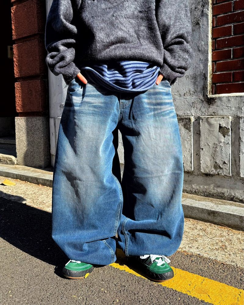 Wide Vintage-Washed Denim Balloon Pants