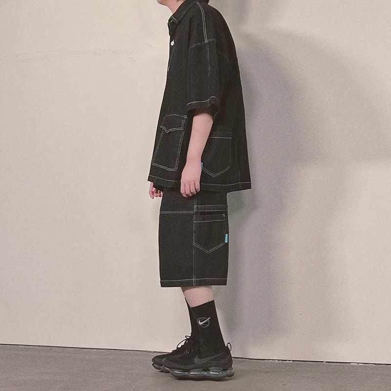 denim stitch shorts_black