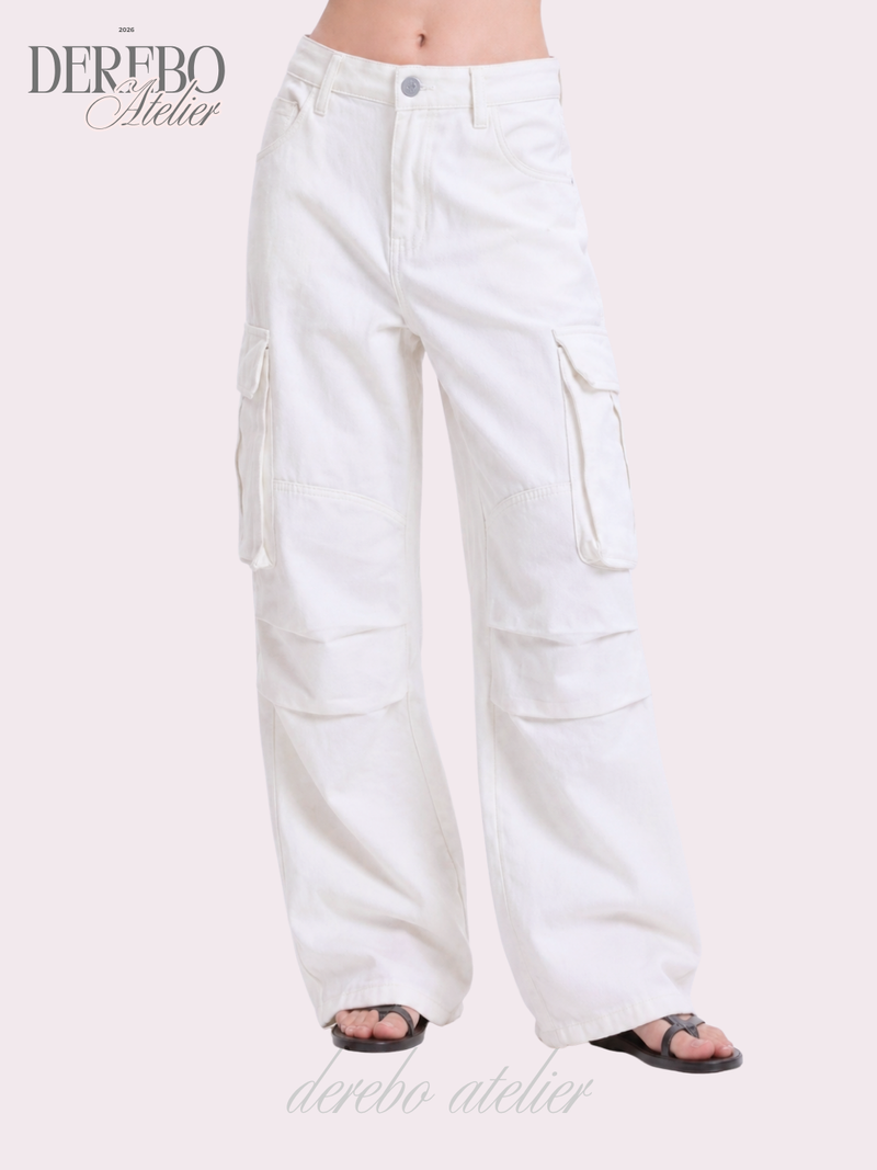 white wide pocket cotton casual pants