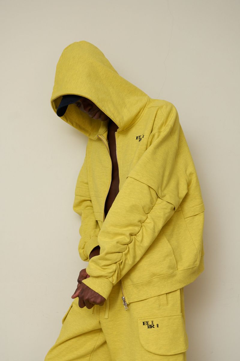 Back point shirring hood zip-up (Melange Yellow)