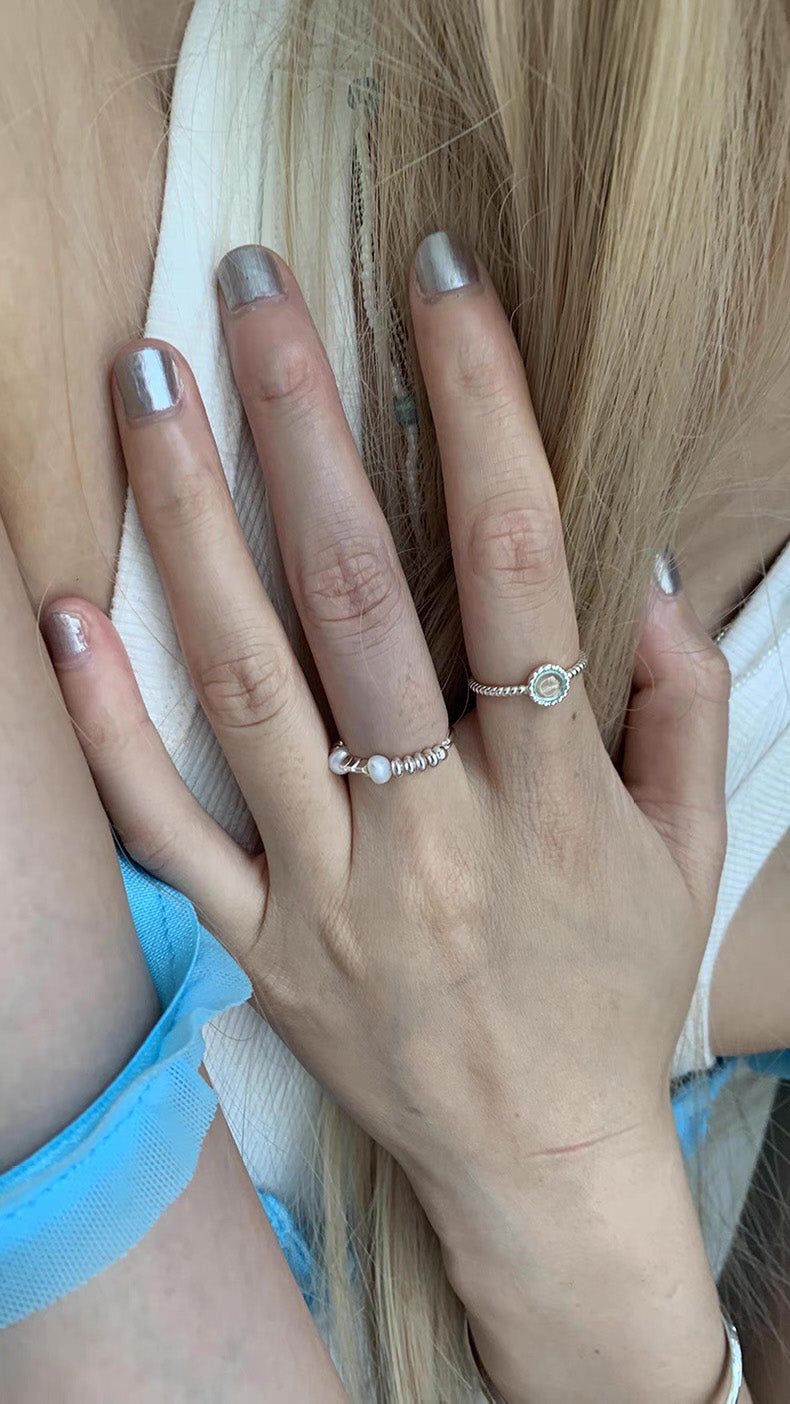 Mint silver-pearl beads ring SET