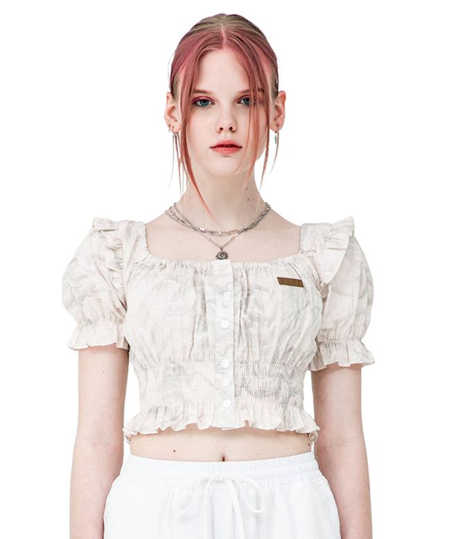 PUFF SLEEVE RUFFLE CROP SHIRT