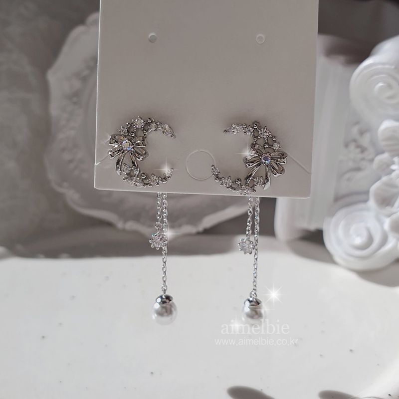  Dainty Ribbon and Moon Earrings - Silver