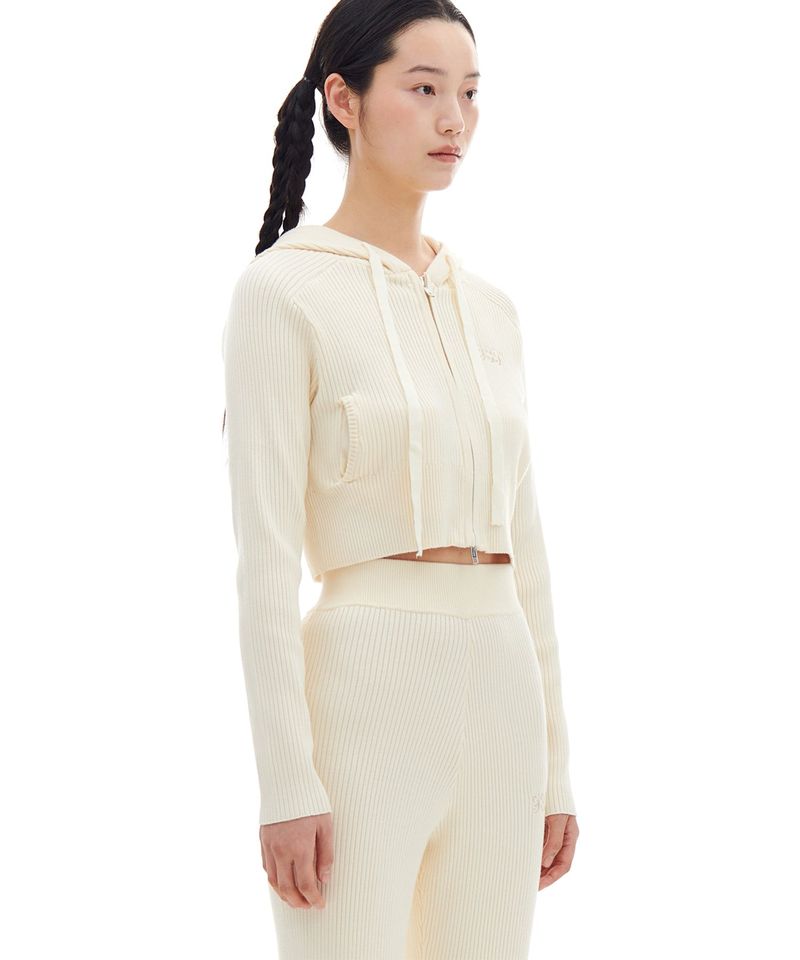 SMALL LOGO CROP KNIT HOOD ZIP-UP (CREAM)
