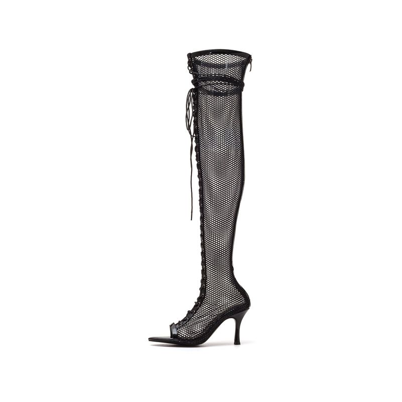 Mesh Lace-Up Open Toe Boots Heel(Black)
