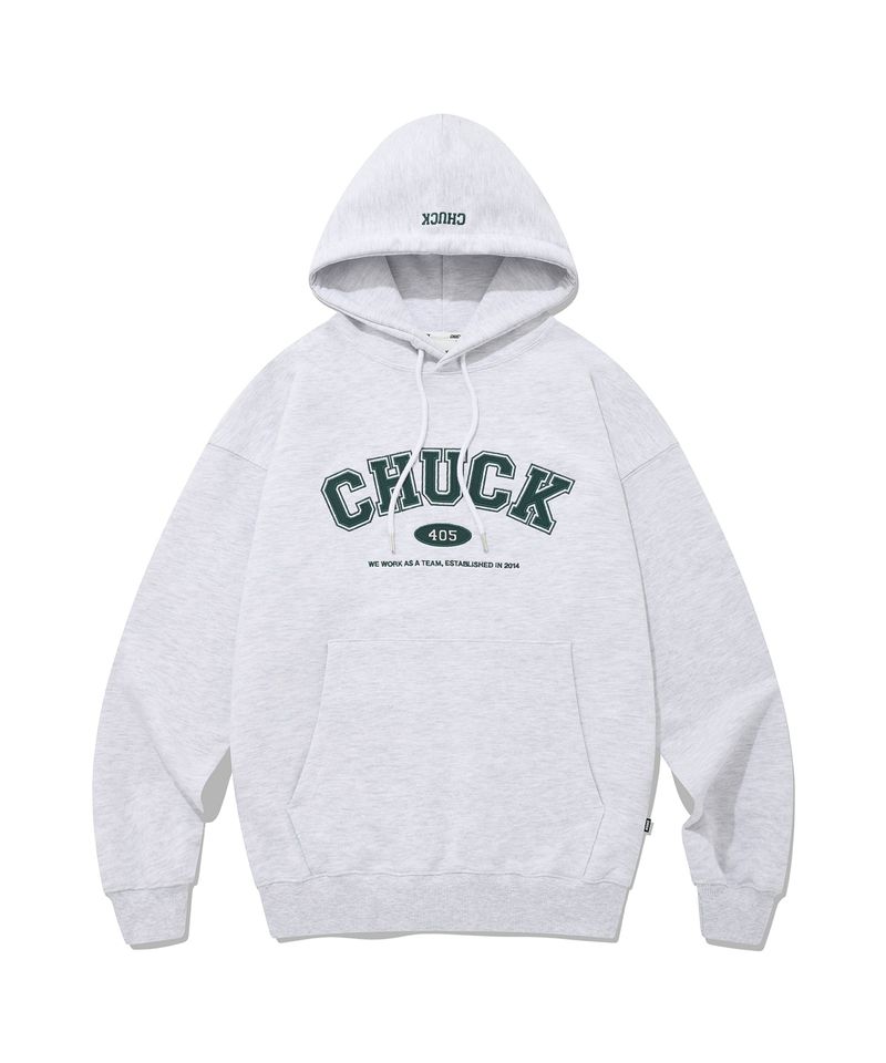 CHUCK（チャック）の「CHUCK アプリケアーチロゴフーディ / CHUCK APPLIQUE ARCH LOGO HOODIE (LIGHT GRAY&GREEN)（Tops）」