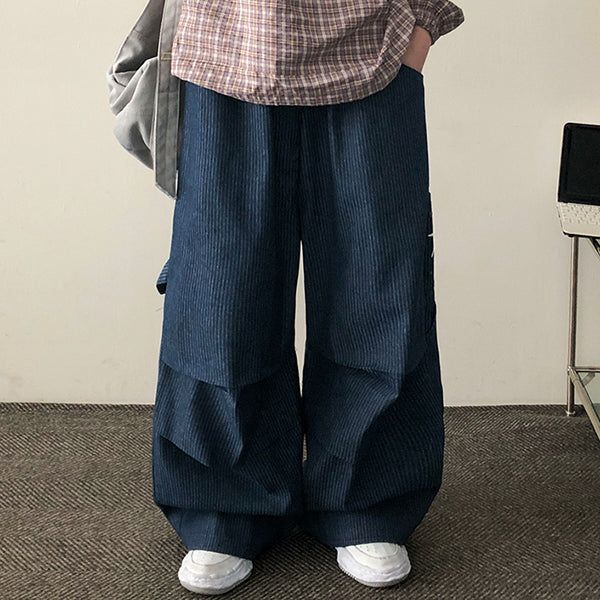 PD Waist Banding Shirring Pattern Carfender Vertical Stripe Denim Pants