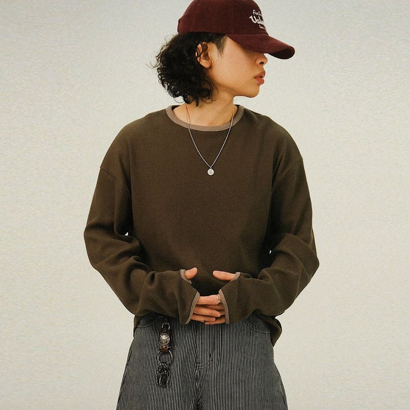 SEMIKAJI(セミカジ)の「RU Crop Waffle Color Point Warmer Long T(Tops)」