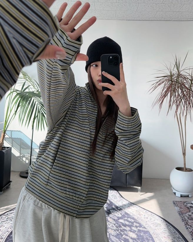 Needeu Crop Stripe Zip Up