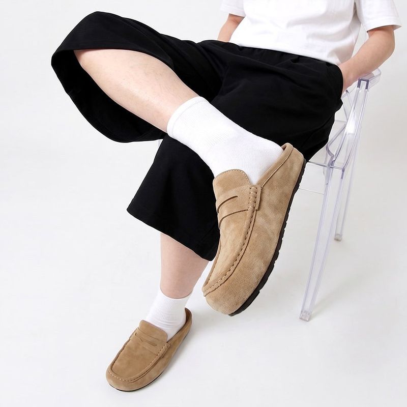 Suede Loafer Slides Camel