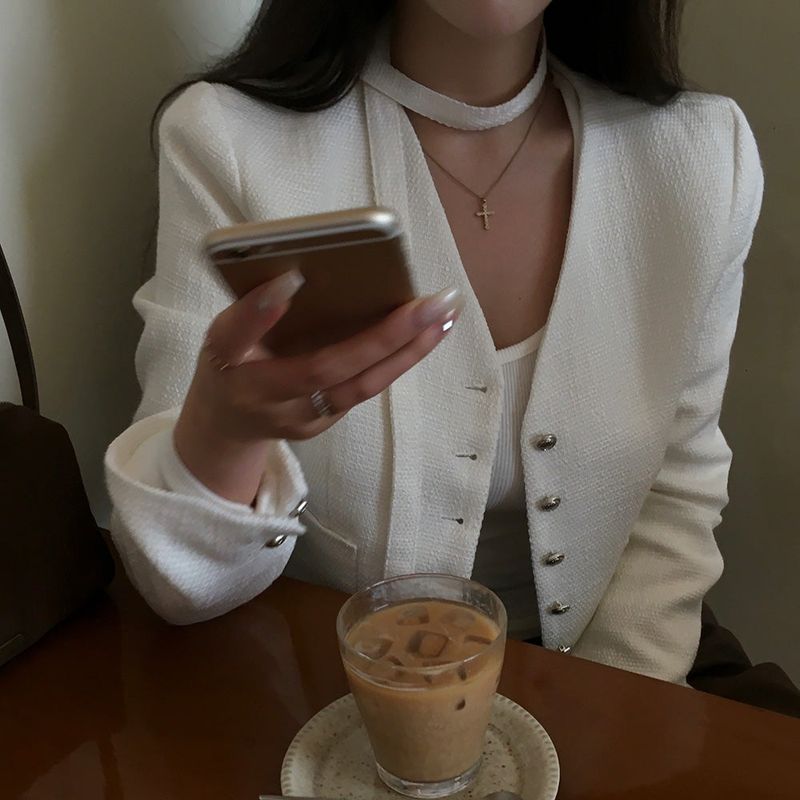 No-Collar Tweed Jacket with Tie Set