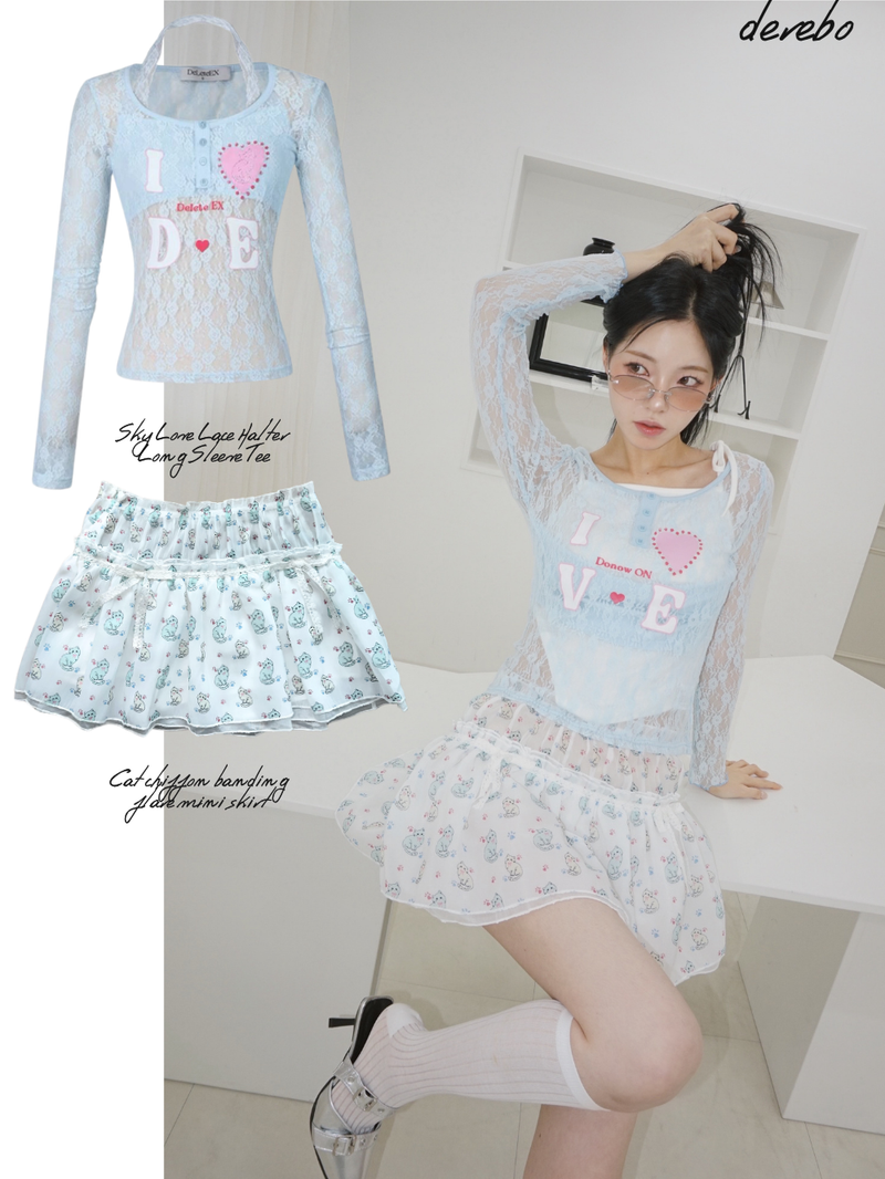 Cat chiffon banding flare mini skirt