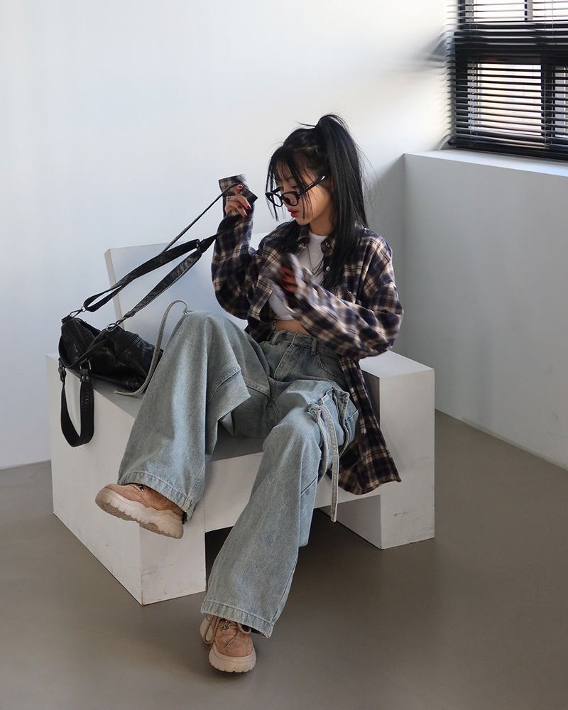 a navy checkered shirt