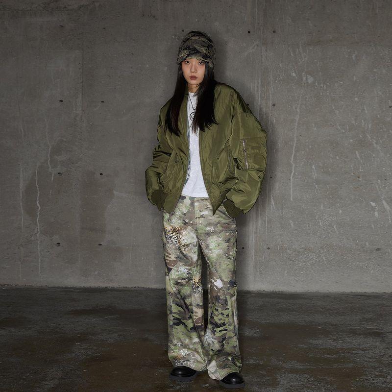  Camouflage leopard print split design loose straight trousers