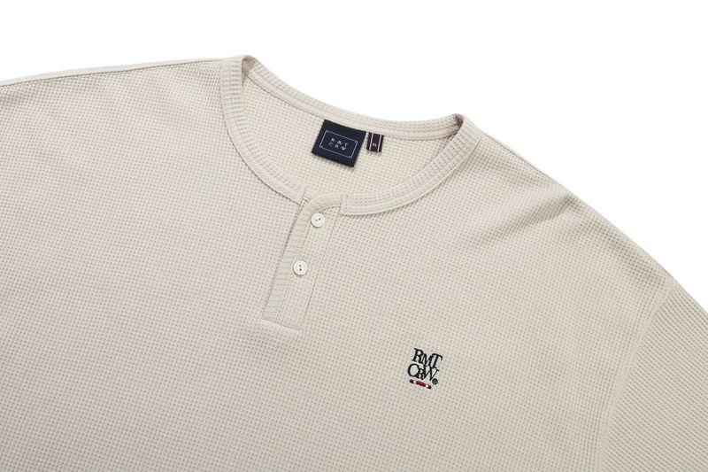 BUTTON UP WAFFLE HENLEY NECK_OATMEAL