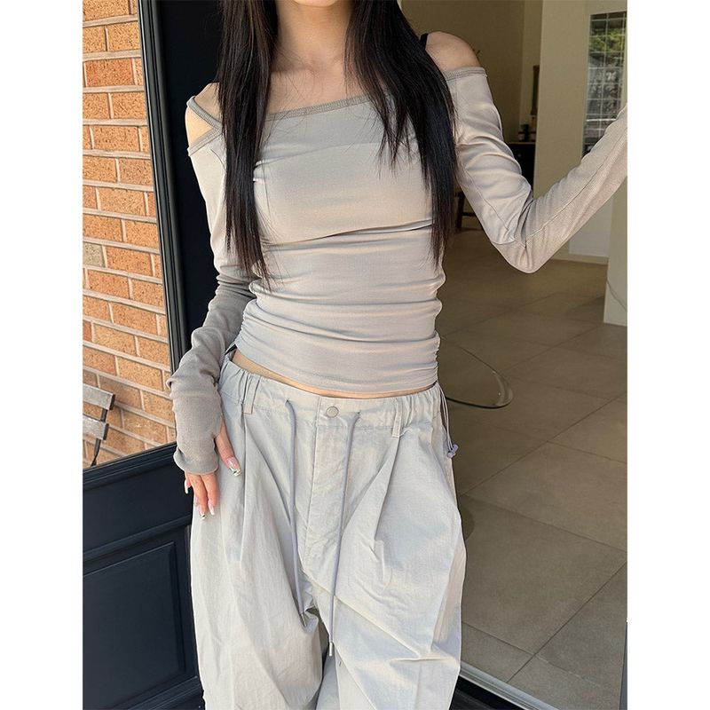 [S/S] Off shoulder shirring long sleeves