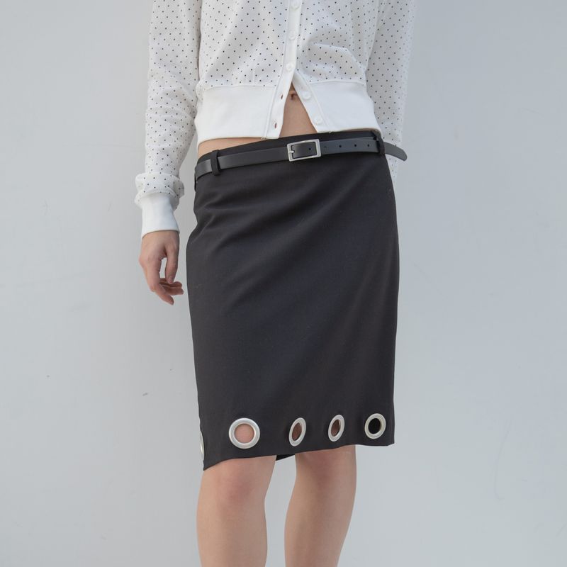 DIMANCHE（ディマンシュ）の「EYELET MIDI SKIRT (BLACK)（Skirts）」