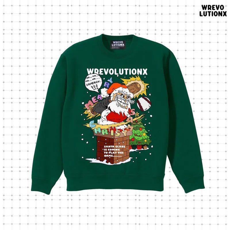 WREVOLUTIONX by WooLeeX（レボリューションエックス バイ ウーリーエックス）の「Ho Ho Home Run Santa Sweartshirt(Green)（Tops）」