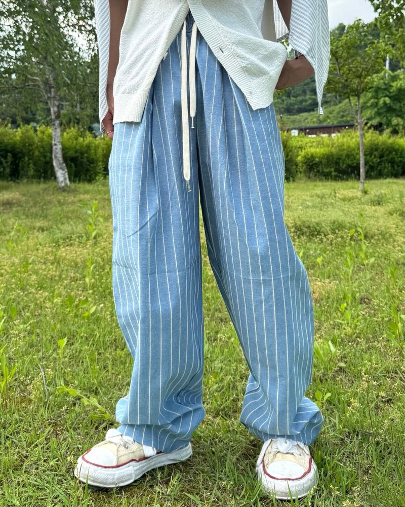 リネンストライプバンドパンツ