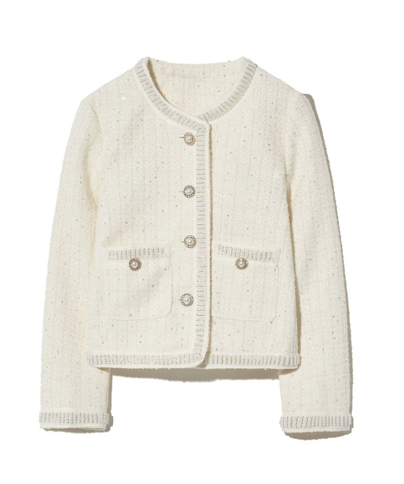85-VIVAJ050 Line Point Crop Tweed Jacket White