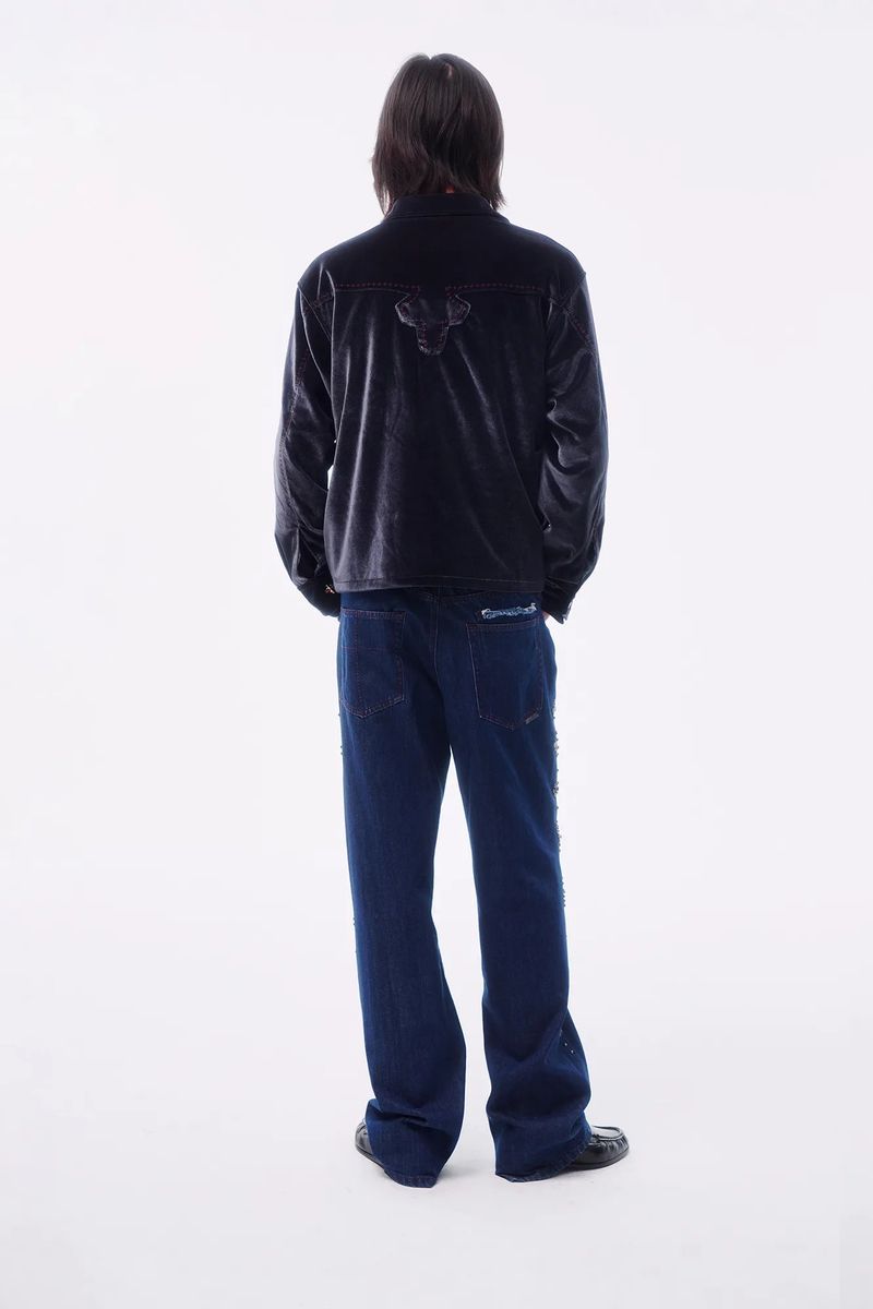 TOTEM RIVET FLOCKED DENIM PATCH STRAIGHT TAILORED JEANS