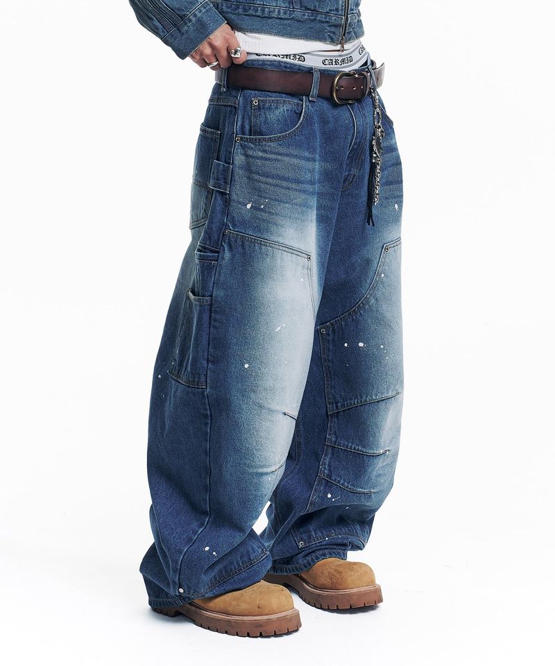 Curved Double Knee Denim Pants - Deep Blue