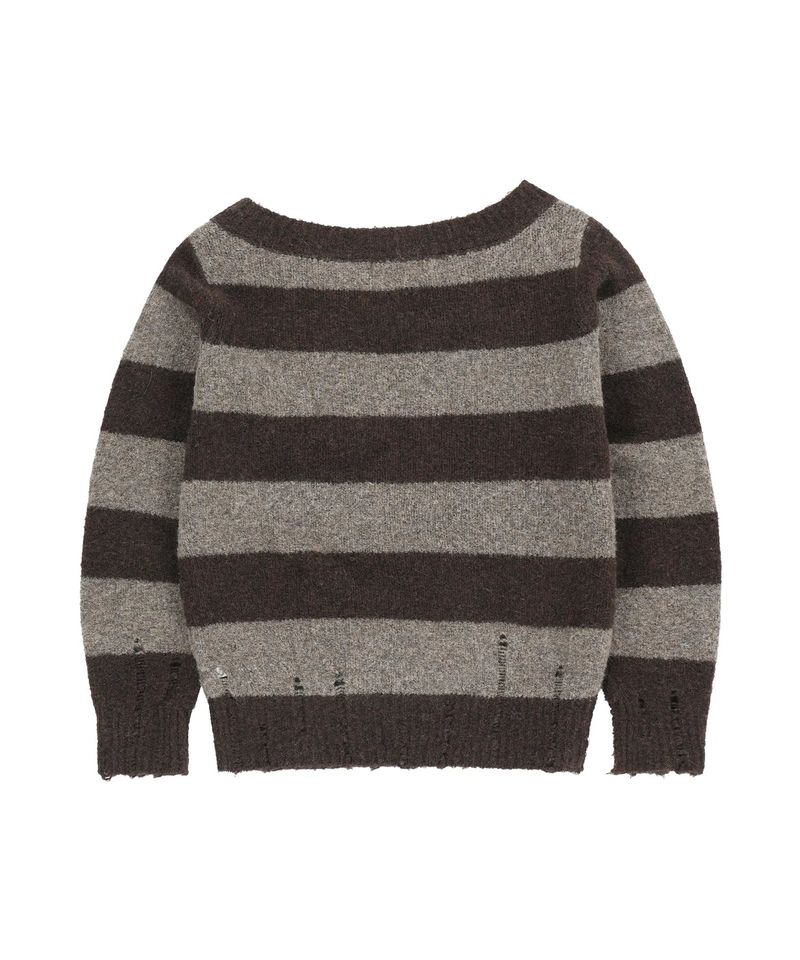 DAMAGED OFF SHOULDER STRIPE KNIT_BROWN