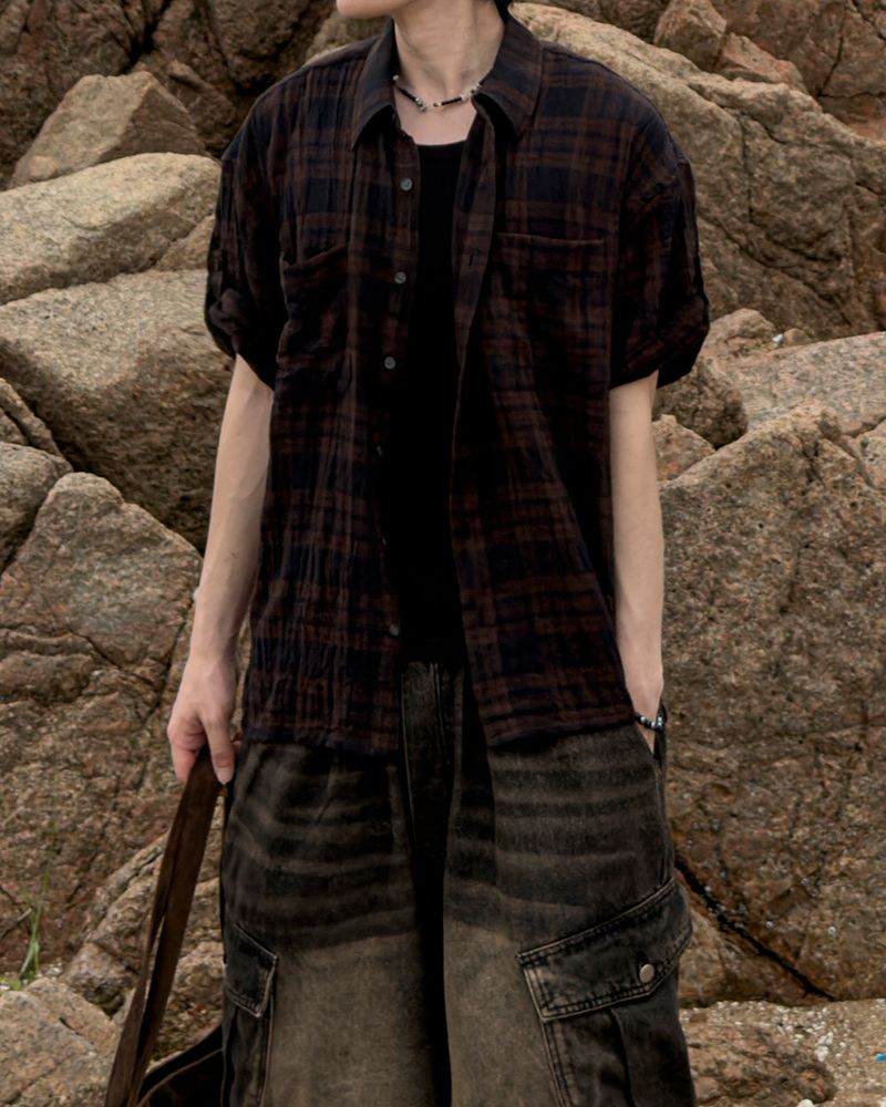 Embossed Texture Check Roll-Up Shirt